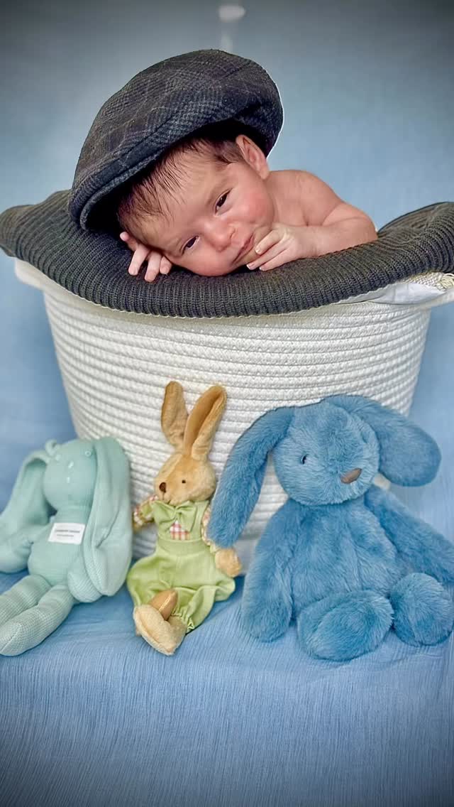 Newborn baby in a basket with soft toys